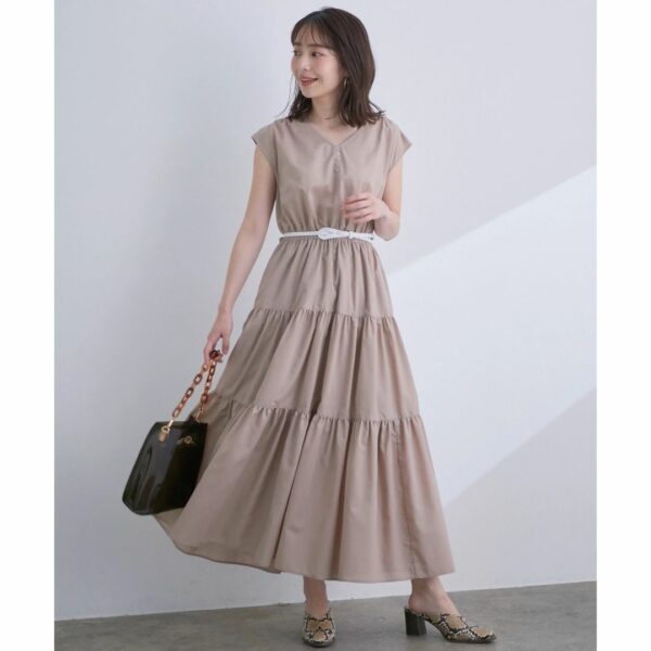 ViS French sleeve tiered dress Beige