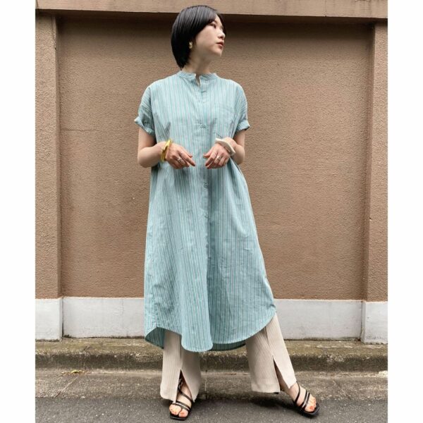 ViS Band collar single pocket shirt dress Green