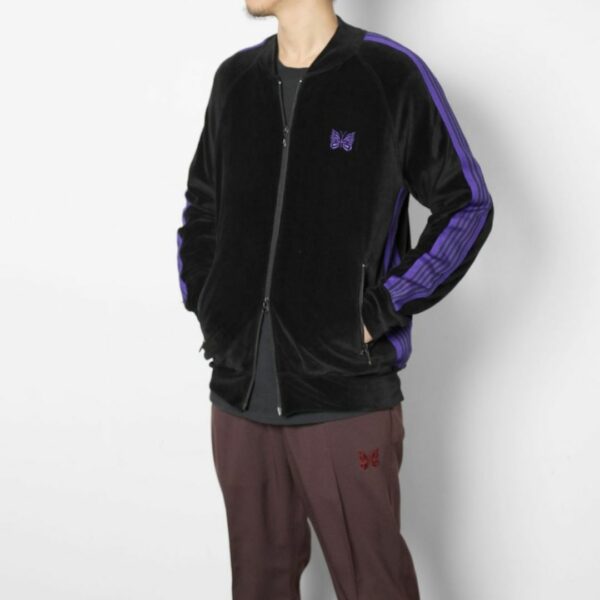 NEEDLES RIB COLLAR TRACK JACKET - C/PE VELOUR: BLACK