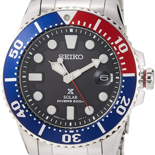 Seiko Watch SBDJ047 Men's Wristwatch, Solar Diver Scuba / Water Resistant for 656.6 ft (200 m) Air Diving with Magnified Glass, Silver, Dial color - black, Solar Watch 200M Air Diving Water Resistant Magnified Glass