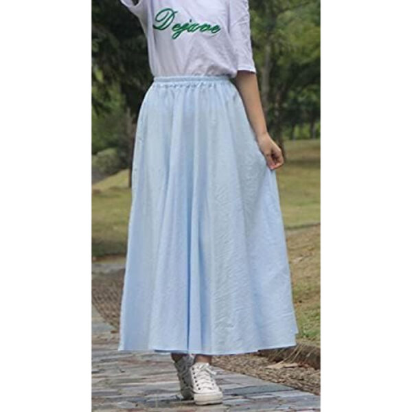 [syvent] Women's Long Flare Skirt Elastic Waist Plain Maxi 100% Cotton Bottoms A Line Loose Pockets | Color: Light blue | Size: 80