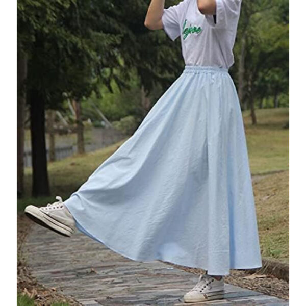 [syvent] Women's Long Flare Skirt Elastic Waist Plain Maxi 100% Cotton Bottoms A Line Loose Pockets | Color: Light blue | Size: 80