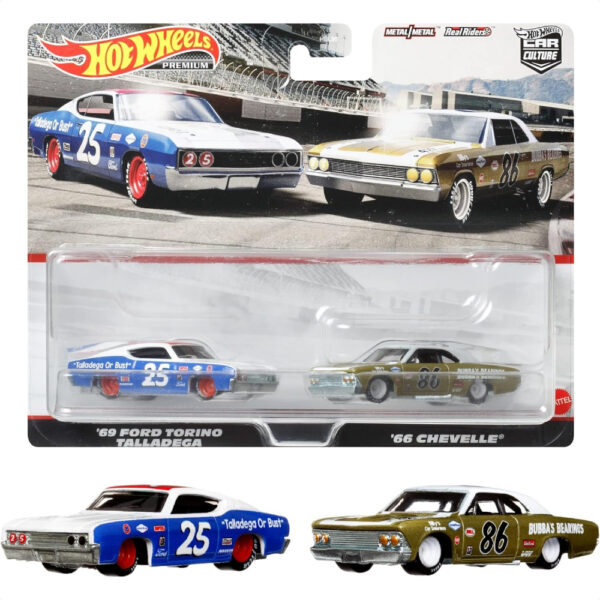 Hot Wheels Premium 2-Pack '69 Ford Torino Talladega/'66 Chevel HFF31 Silver/Blue 1/64 Koleksi Mobil Eksklusif Keren untuk Anak-anak!