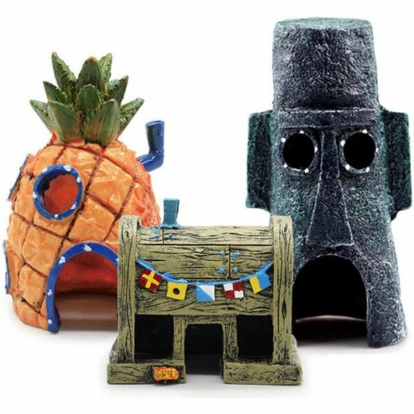 [Decoration] DFsucces spongebob Aquarium Decoration Set of 3 (Pineapple House + Squid House + Burger Shop) Asli Premium