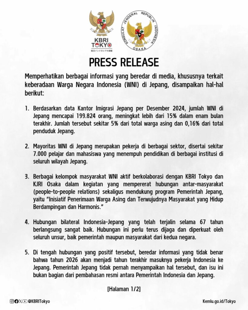 KBRI Tokyo Bantah Isu Jepang Akan Blacklist WNI pada 2026