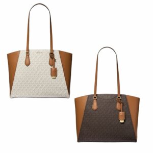 Tas Michael Kors Taryn Large Leather Tote MK Signature Original Brown & Vanilla